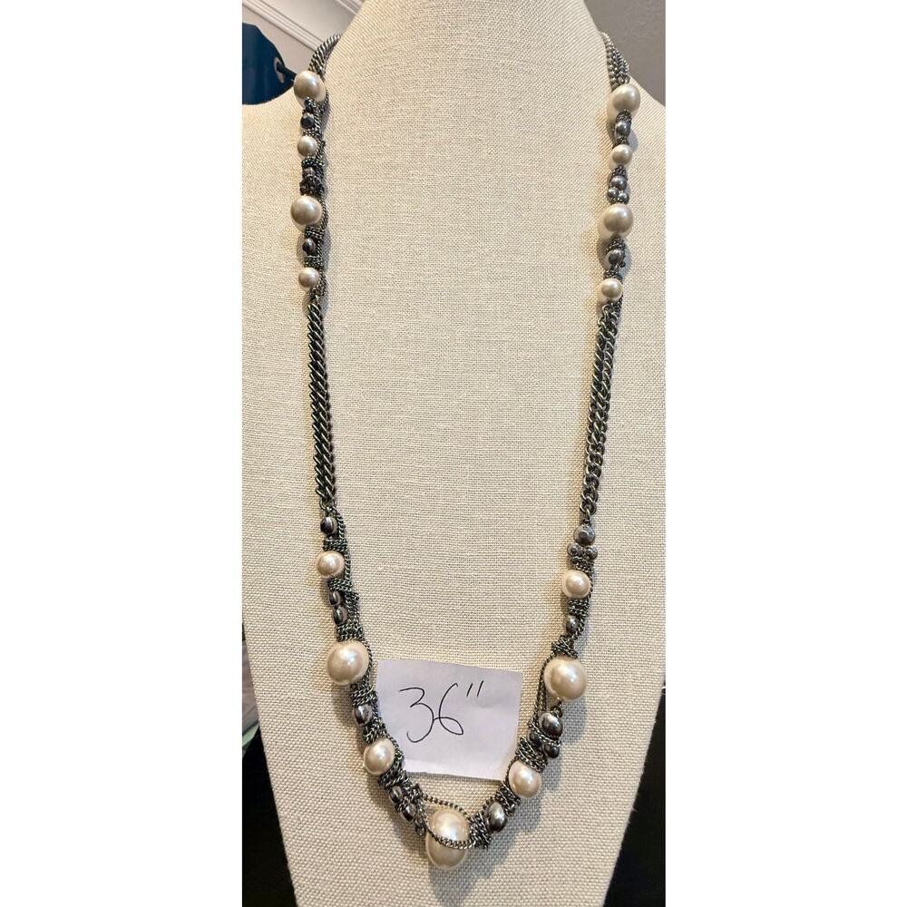 Silver Tone Faux Pearl Multi Strand Necklace 36” - Picture 10 of 10